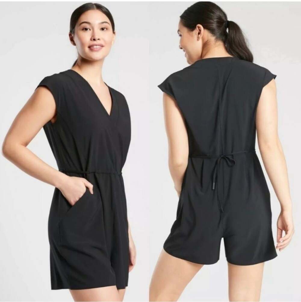 Athleta Romper Womens XL Black Marlow Minimalist Travel Athletic V Neck Tie